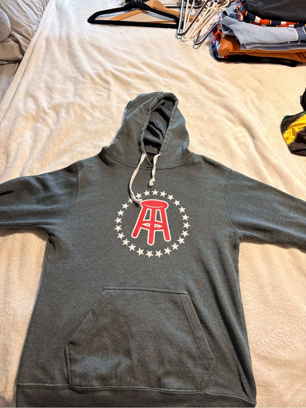 Original Drop Barstool Charcoal Hoodie with Red Logo